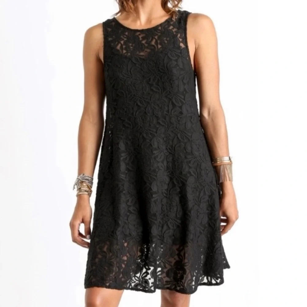 Free People Black Floral Crochet Lace Sleeveless Fit and Flare A Line Dress - Picture 3 of 10